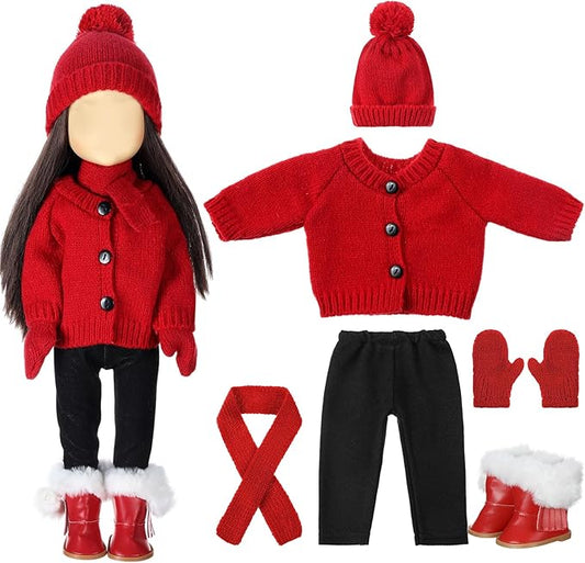 6 Pcs Christmas 18 Inch Doll Clothes and Accessories Winter Outfits Set Sweaters Trousers Hats Shoes for 18 Inch Doll Gift(Dark Red,Classic Style)