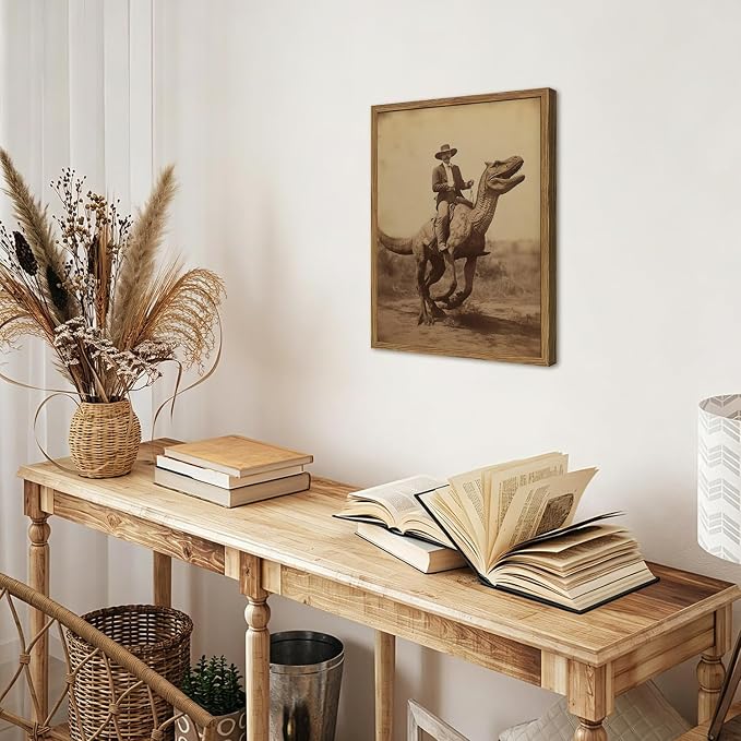 Vintage Dinosaur Cowboy Wall Art Funny Western Jurassic Park Wall Decor Painting, Retro Cowboy Riding Dinosaur Poster Canvas Print Picture for Living Room Bedroom 16x24 inch Wood Framed
