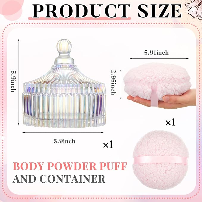 Tioncy 2 Pcs Extra Large Dusting Powder Puff and Container for Women-6'' Glass Crystal Dusting Powder Container Soft Washable Reusable Velour Face(Dazzling,Classic)