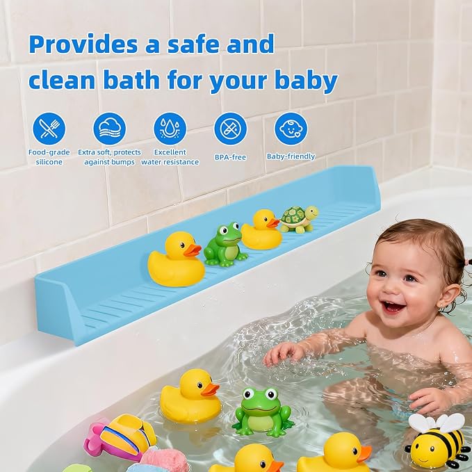Extended Super Long Kids Bathtub Splash Guard - 32 Inch Food-Grade Silicone, 11 Strong Suction Cups, Toy Tray Caddy & Bath Toy Storage, No Spill Barrier (Blue)