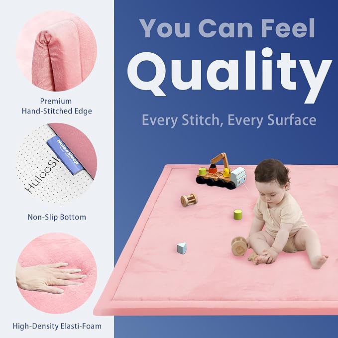Huloo Sleep Ultra Soft Baby Play Mat for Floor, 1.3" Thick Elasti-Foam 59x59 Play Mat for Playpen,Water-Repellent Coral Velvet for Tummy Time, Non-Slip Backing,Safe for Toddlers & Infants（Pink）