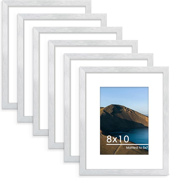 8x10 Picture Frame Set of 6, Wall or Tabletop Display, Silver | Display Pictures 5x7 with Mat or 8x10 Without Mat, Horizontal or Vertical, Gallery Wall Frame Set, Wedding Birthday Gifts