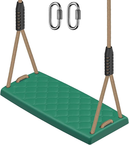 SELEWARE Heavy Duty Swing Seat with Adjustable Rope, 300lbs Capacity Non-Slip Plastic Tree Swing for Kids, Playground Swing Set Accessories Replacement with Snap Hooks for Indoor Outdoor Use (Green)