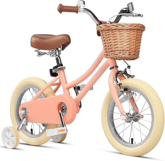 Petimini Vintage Kids Bike for Girls, 12–20 Inch Classic Bicycle with Wicker Basket & Bell, High Tensile Steel Frame, Training Wheels (12–18”), 85% Pre-Assembled, Retro Bike for Outdoor Riding