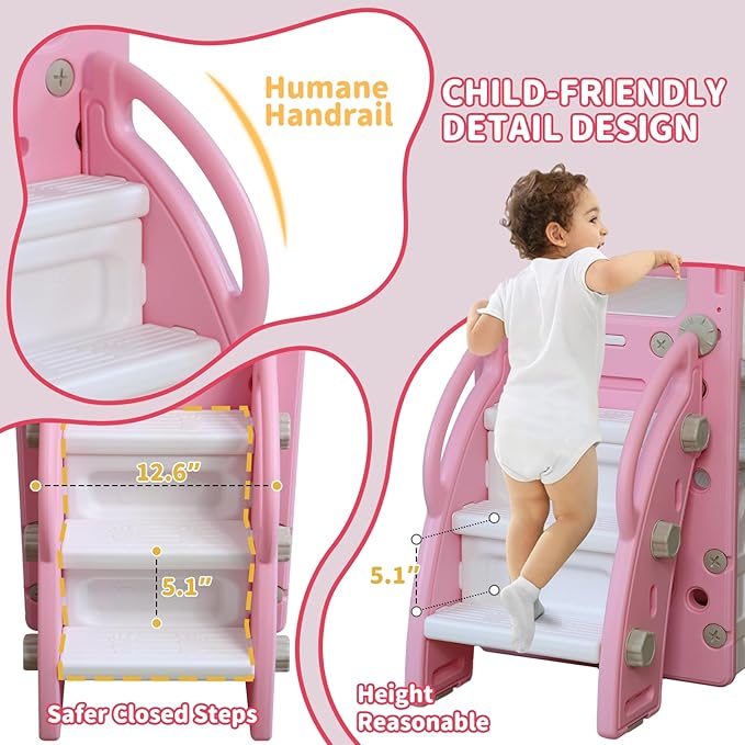 Toddler Slide for Kids with Climber Basketball Hoop, Storage Space, Telescope Kids Indoor Slide Baby Slide for Outdoor Play Upgraded Toddler Indoor Playground with Wider and Longer Slideway Upgraded