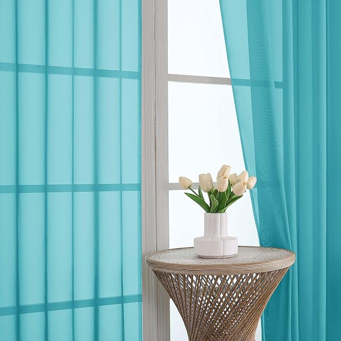 OWENIE Sheer Curtains 63 inch Length 2 Panels Set, Rod Pocket Voile Fimly Sheer Drapes for Living Room/Bedroom, 2pcs, Each 42" W x 63" L，Turquoise Blue