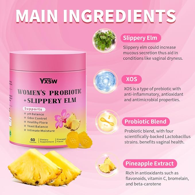 Women's Probiotics Slippery Elm Gummies, Sugar-Free Feminine Probiotics Gummies Support pH Balance, Gut Health & Immune System, Pineapple Flavor, 60 Count