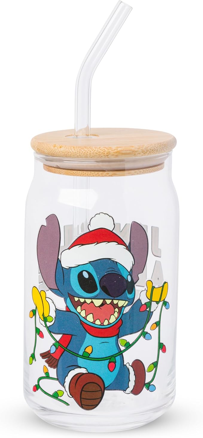 Silver Buffalo Disney Lilo and Stitch “Jingle All the Way” Glass Tumbler with Bamboo Lid and Glass Straw Featuring Stitch, 16 Ounces