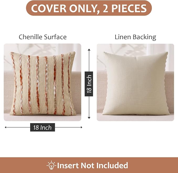 ANRODUO Boho Decorative Throw Pillow Covers Rust Stripe 18x18 Inch Set of 2 | Woven Chenille Decorative Cushion Case with Striped Farmhouse Accent Neutral Pillowcase for Couch Sofa Bed Living, Room Decor