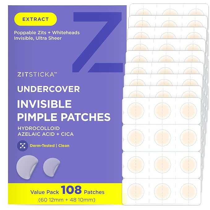 ZitSticka Undercover Invisible Pimple Patches for Face and Body - Ultra-Thin Hydrocolloid Acne Patches for Zits & Blemishes - Fast-Acting & Effective - 108 Count