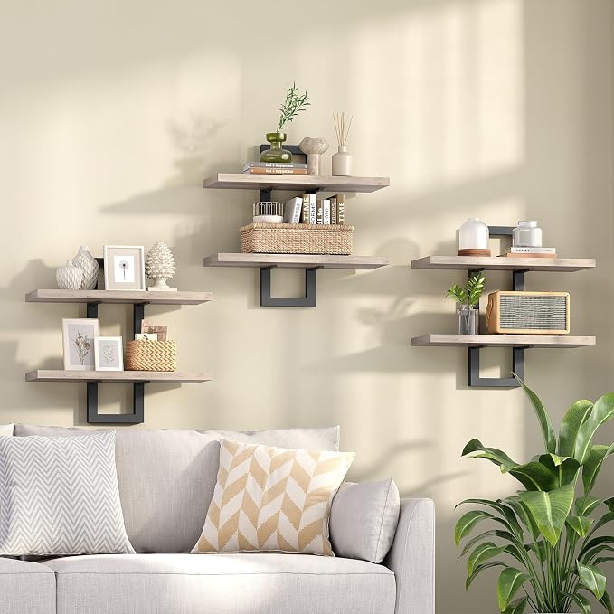 HOOBRO Floating Shelves, 15 Inch Wall Shelf Set of 3, Wall Mounted Storage Shelves 2-Tier, Hanging Bathroom Shelves, for Living Room, Bedroom, Bathroom, Kitchen, Greige and Black BG32BJP301