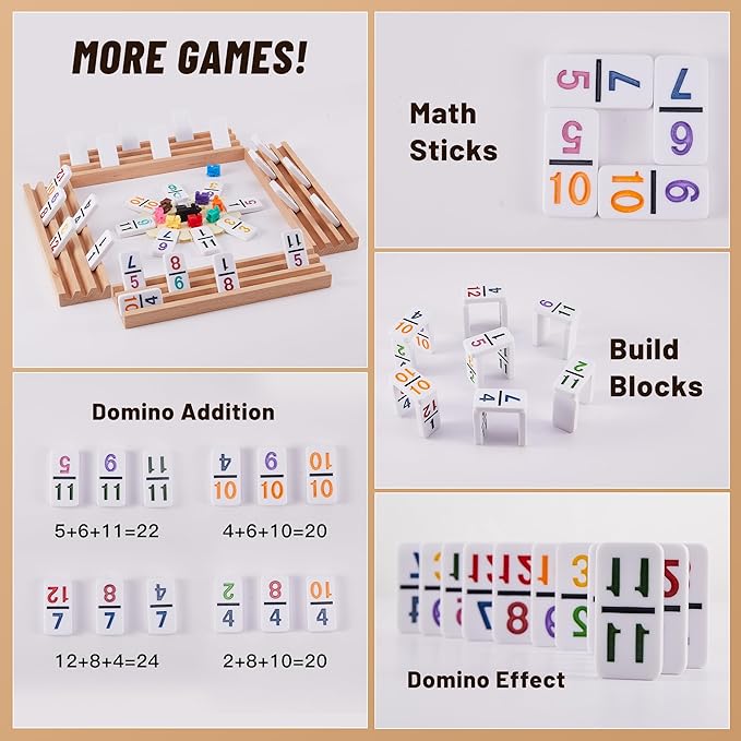 PUREPLAY Mexican Train Dominoes Set with Numbers - Double 12 Colored Number Dominoes - 91 Tiles, 9 Trains, 4 Wooden Trays & Storage Bag for 2-8 Players Ages 8+