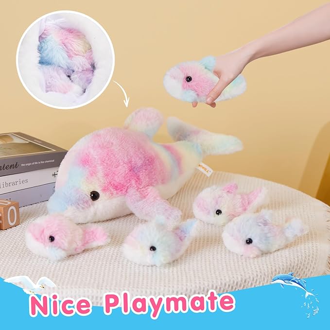 WEWILL 17-Inch Rainbow Dolphin Plush Toy with 4 Baby | Soft & Cuddly Stuffed Family Set | Colorful Dolphin Plush Gift for Kids
