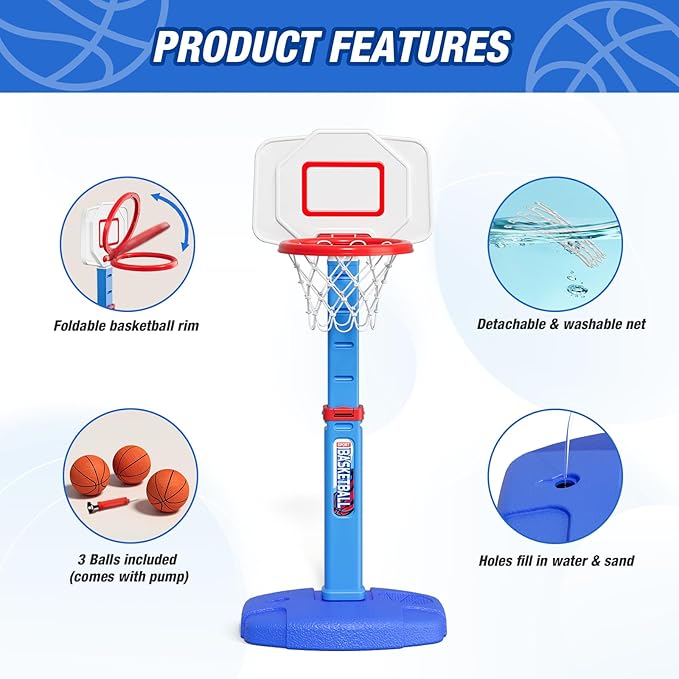 HYES Toddler Basketball Hoop, Adjustable Height Indoor Basketball Hoop for Kids 1-3, Foldable Mini Basketball Goal with 3 Balls, Outdoor Poolside Sport Toy, Birthday for Baby Boys Girls