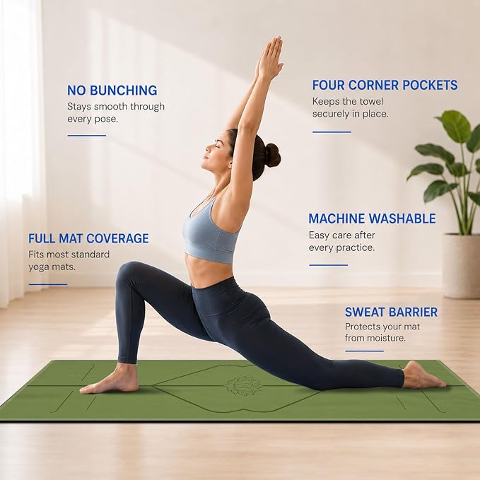 Yoga Mat Towel, Hot Yoga Non Slip with 4 Corner Pockets, 70 x 26 in | Soft Absorbent Microfiber With Four Corner Pockets, Fits Over Yoga Mats For Hot Yoga, Pilates, Gym, And Travel