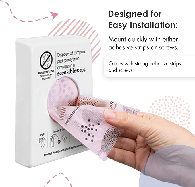 Scensibles Bathroom Dispenser for Menstrual Care Disposal - Bag Dispenser and Refill Boxes - for Tampons, Pads, Other Disposable Hygiene Products (White)