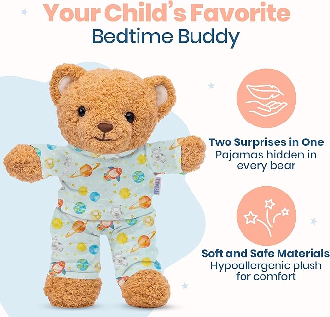 Zip N' Bear Soft Plush Teddy Bear Stuffed Animal with Planet Pals Pajamas - Zippy The Bear Cute Cuddly Plush Toy, Perfect Sensory Teddy for Kids, Toddlers - Adorable Gift & Bedtime Companion