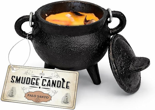 Reusable 4 Inch Cast Iron Cauldron Candle with Lid and Hanging Handle for Spell Casting, Smudging, Ritual & Blessings Pot Belly Witchcraft Candle Aromatherapy Scented (Palo Santo)