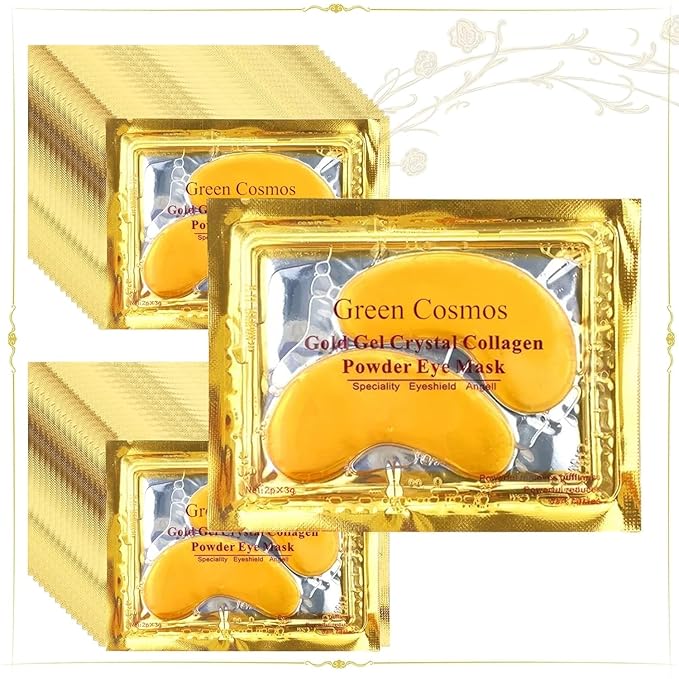 Green Cosmos 30 Pairs 24k Gold Under Eye Patches, Gold Crystal Collagen Eye Mask, Dark Circles Treatments, Removes Under Eye Bags, Collagen Gel Pads for smooth skin, Eye Pads for puffiness