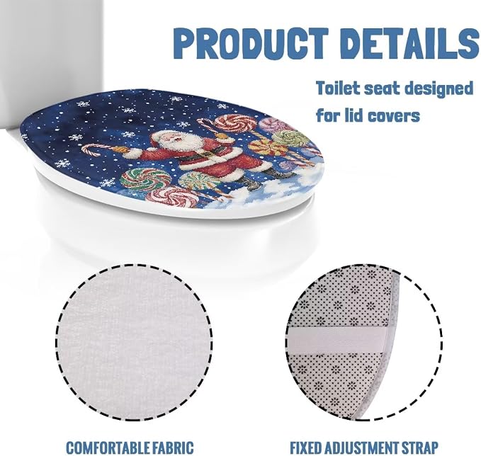 Santa Claus Toilet Tank Cover Replacement Candy Cane Toilet Seat Cover for Motorhome Xmas Decor Bathroom Decoration Accessories Universal Fit Oval