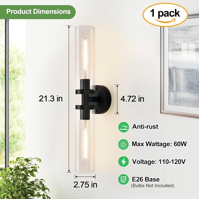 Indoi Matte Black Wall Sconces, Hardwired Bathroom Sconces Wall Lighting with Clear Glass, Modern Sconces Wall Light fixtures for Bathroom Mirror Living Room Hallway Bedroom
