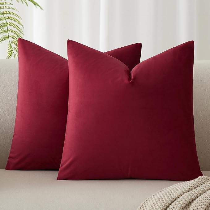 JUSPURBET 16x16 Decorative Velvet Throw Pillow Covers Set of 2,Burgundy | Modern Soft Cushion Covers Cases with Hidden Zipper for Couch Sofa Bed Living Room Bedroom Christmas Decor