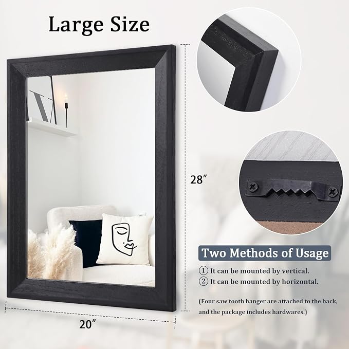 AAZZKANG Black Mirrors for Wall Rectangle Wood Framed Large 28"x20" Decorative Wall Mirror for Bedroom Bathroom Living Room Dressing Room Entryway | Decorative Wall Mirror for Bedroom Bathroom Living Room Dressing Room Entryway