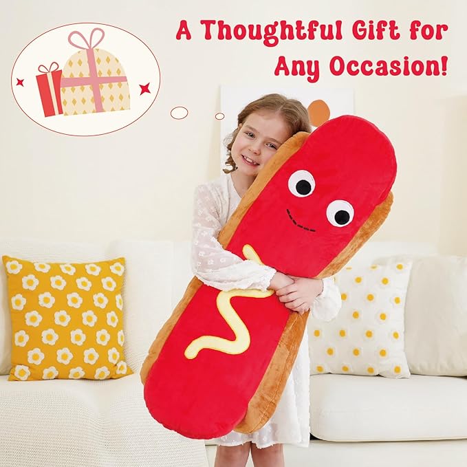 Giant Hot Dog Plush Pillow – 35 Inch Funny Food Plush Toy, Soft Stuffed Hot Dog Pillow, Oversized Hugging Cushion, Jumbo Plushie for Kids, Birthday