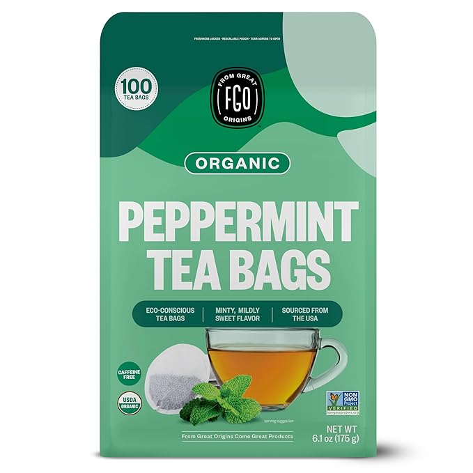 FGO Organic Peppermint Tea, 100 Count, Eco-Conscious Tea Bags, Caffeine Free, Packaging May Vary (Pack of 1)