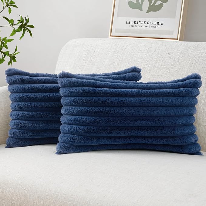 MIULEE Faux Fur Lumbar Throw Pillow Covers 12x20 Set of 2 Navy Blue | Coastal Modern Soft Plush Couch Pillows, Cozy Fluffy Cushion Covers for Sofa Bed Living Room Home Decor