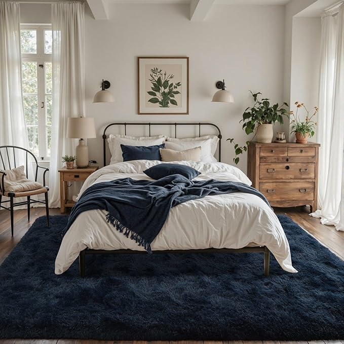 5x8 Fluffy Area Rug Blue Rugs for Living Room,Plush Soft Navy Blue Shag Carpet for Bedroom Boys Book Room Nursery Kids Playroom Dorm Decor