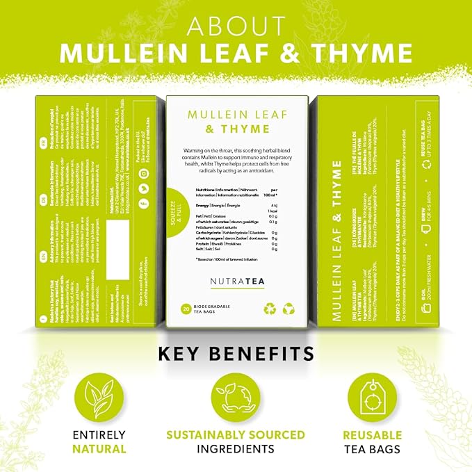 NutraTea - Mullein Leaf & Thyme Tea - Mullein Tea - Thyme Teabags For Lungs & Throat - 20 Individually Wrapped Bags - Herbal Infusion (1 Pack)