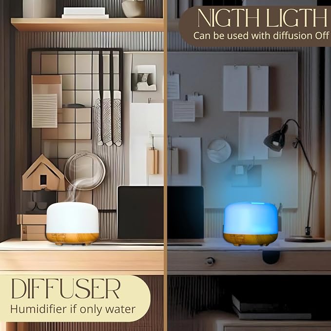 Mystic Romance Essential Oil Diffuser, 300ml Aromatherapy Humidifer and Nigth Ligth for Relaxing Atmosphere in Home Office Yoga and Spa, for Everyone, Auto-Off Safety Switch. Light Wood