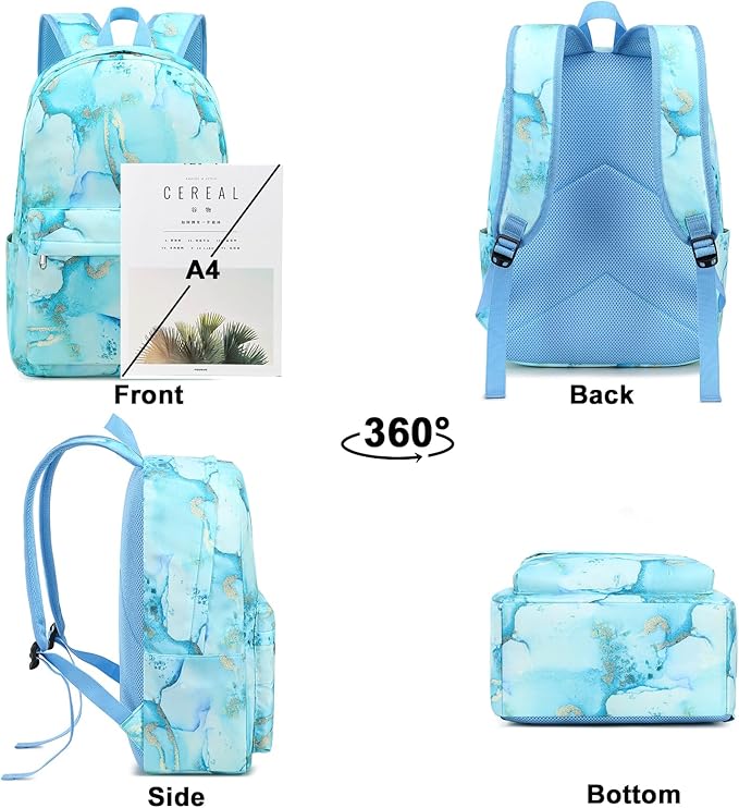 Bluboon Teen Girls School Backpack Kids Bookbag Set with Lunch Box Pencil Case Travel Laptop Backpack Casual Daypacks (Marble Gold blue)