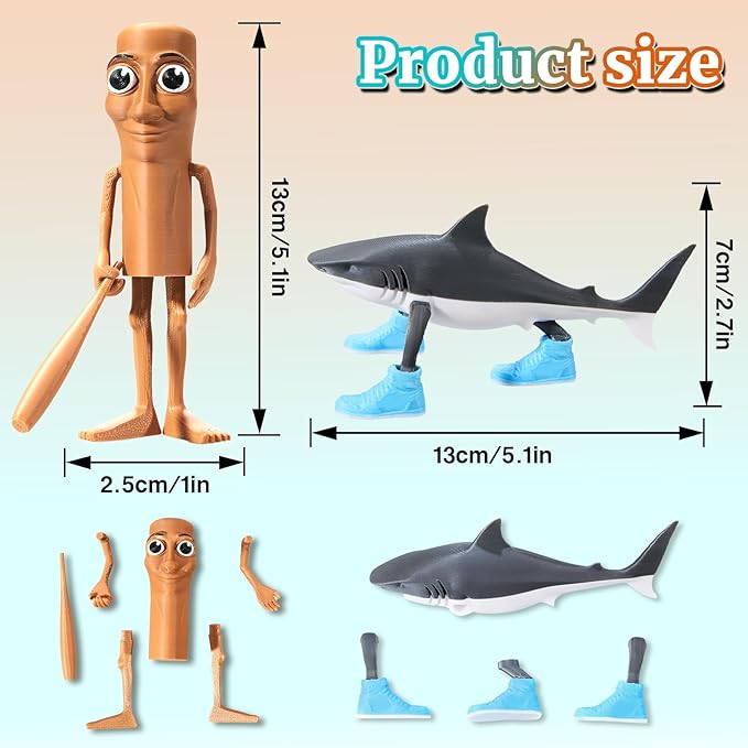 Tung Tung Tung Sahur Figure Toy， Tralalero Tralala Desk Decor, Brainrot Shark Meme, Viral AI Animal Collectible, Funny Desk Decor, Meme Gift(Stick+Shark)