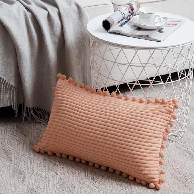 Fancy Homi 2 Pack Peach Lumbar Decorative Throw Pillow Covers 12x20 Inch with Pom-poms for Couch Bedroom Sofa, Farmhouse Boho Home Decor, Soft Coral Corduroy Solid Rectangle Cushion Case 30x50 cm