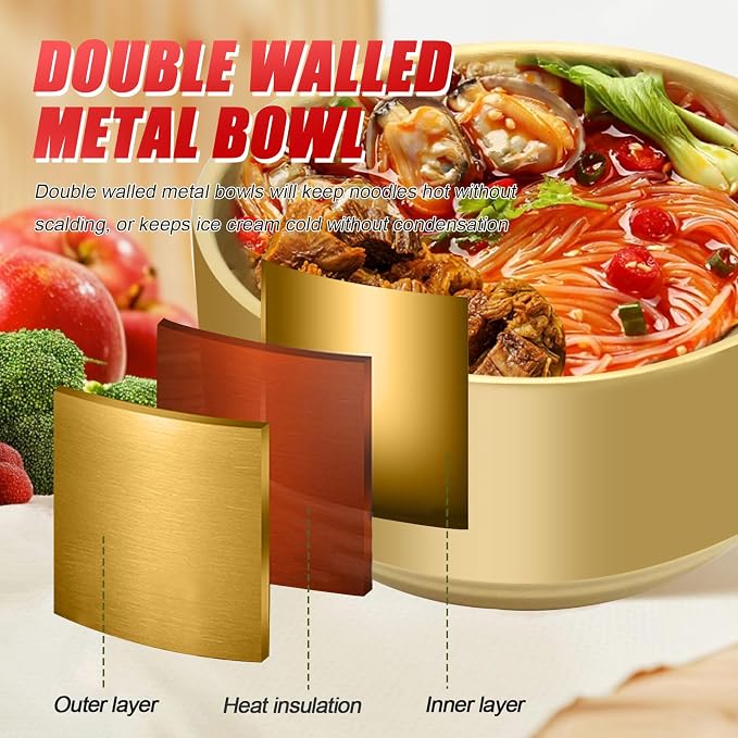 Stainless Steel Rice Bowl with Lid, Set of 2, for Korean Kitchen Restaurant, Double-walled Metal Bowls, Multi-Purpose Insulated Soup Bowls Snacks Bowls (11.5cm Gold)