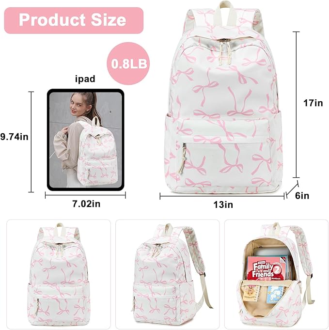 Bluboon Teen Girls School Backpack Kids Bookbag Set with Lunch Box Pencil Case Travel Laptop Backpack Casual Daypacks (Pink bow beige background)