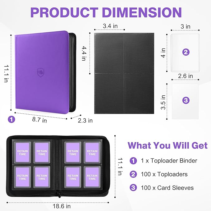 Toploader Binder, Holds 160 Toploaders, 100 Toploaders INCLUDED, 4-Pocket PU Cover Top Loader Binder for 3" x 4" Rigid Toploader, Ringless Double-Sided Toploader Card Binder for TCG, Sport Cards