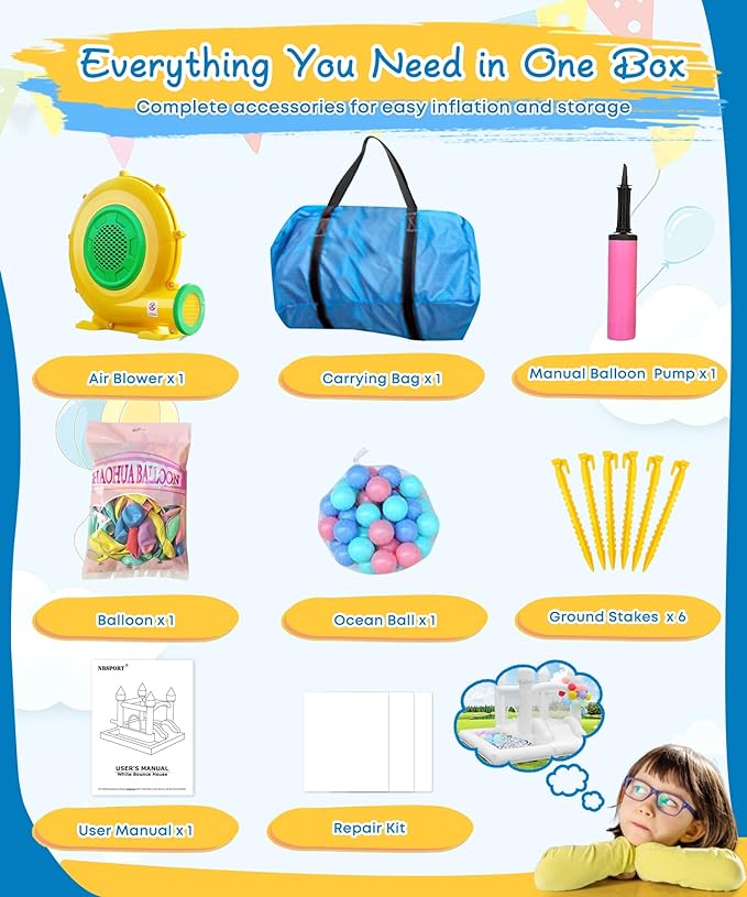 White Bounce House with Blower Included, 9x9x7FT Inflatable Bounce House Castle with Ball Pit and Slide,Small Jumper Bouncy Castle, Fun for Kids Birthday Party