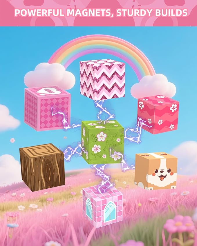 Magnetic Blocks Large 1 Inch 220 PCS, Super Strong Magnets, Magnetic Building Cubes for Girls, Pink Dream House STEM Educational Construction Kit for Kids Ages 3-5, 4-8, 8-12 | Ideal Gift