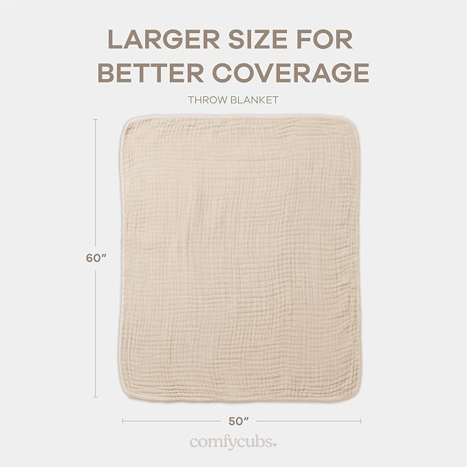 Comfy Cubs Adult Muslin Blanket 50x60” Throw Swaddle Blankets, Sand | 6 Layer Soft, Breathable & Lightweight Muslin Adult Blanket - Machine Washable & Designed in the US Bedding for All Seasons