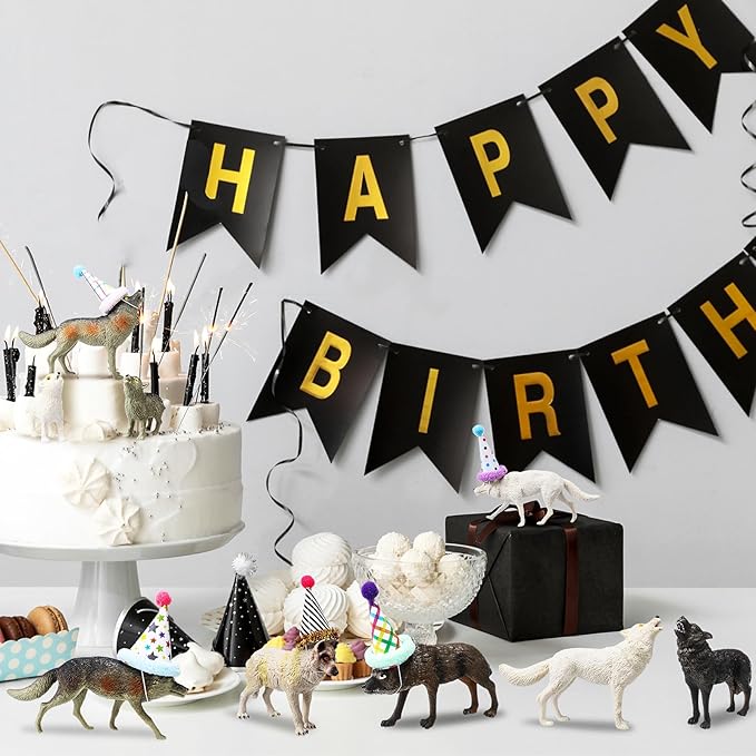 18 Pcs Wolf Miniature Birthday Hats & Figures Cake Toppers with Mini Hat for Birthday Party, Animal Themed Party