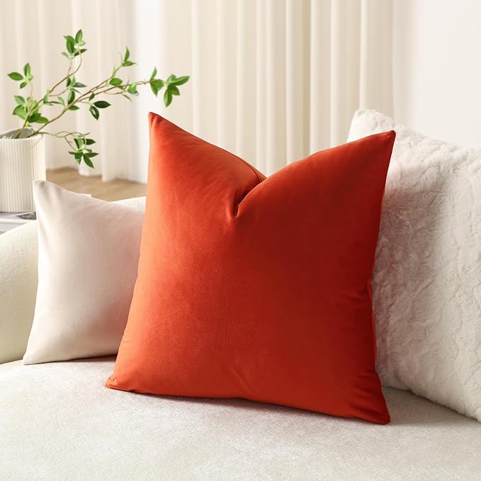 Throw Pillow Covers 18x18 Burnt Orange: Pack of 2 Cozy Soft Velvet Square Modern Luxury Decorative Throw Pillow Cases for Sofa Couch Living Room Bed Home Decor