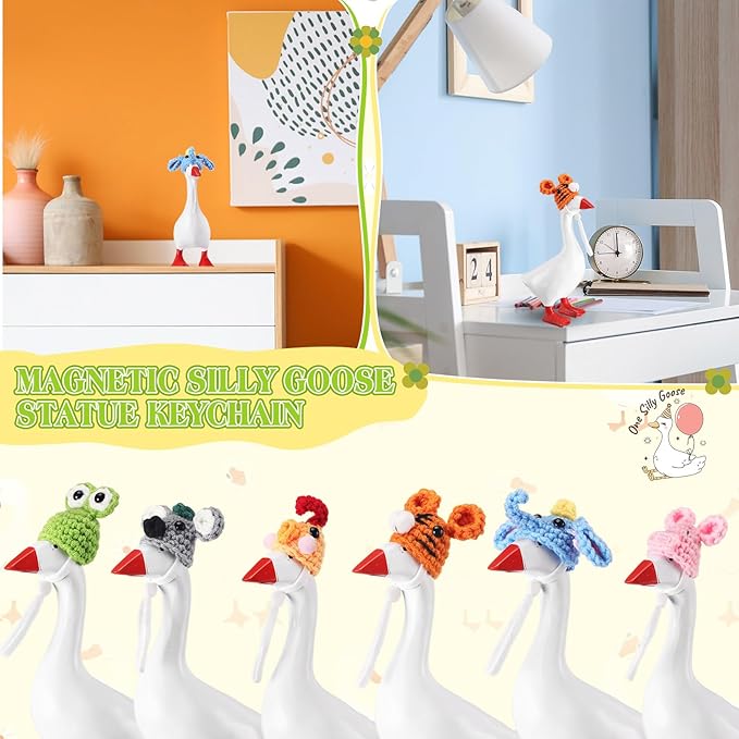 Geyoga 6 Pcs Mini Knitted Hats 7 Inch Goose Outfits Hat with Adjustable Strap Mini Porch Goose Headwear for Statue Key Holder