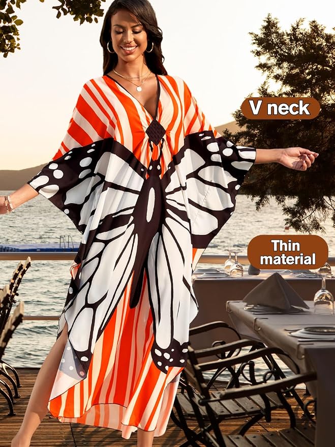ChiaoLezhee Print Moo-Moos for Women, Kaftan Cover-Up Dresses, Sexy V-Neck High-Slit, Beach Pool-Party Coverups Muumuu Plus