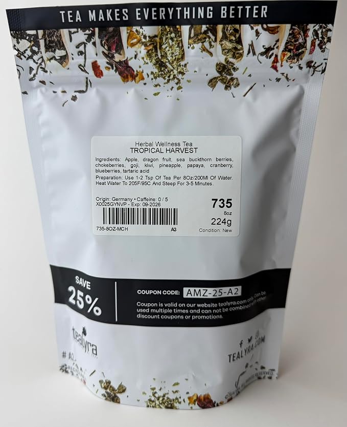 Tealyra - Tropical Harvest - Fruity Herbal Loose Leaf Tea - Dragon Fruit - Sea Buckthorn - Goji - Pineapple - Cranberry - Caffeine Free - Hot or Iced - 224g (8-ounce)