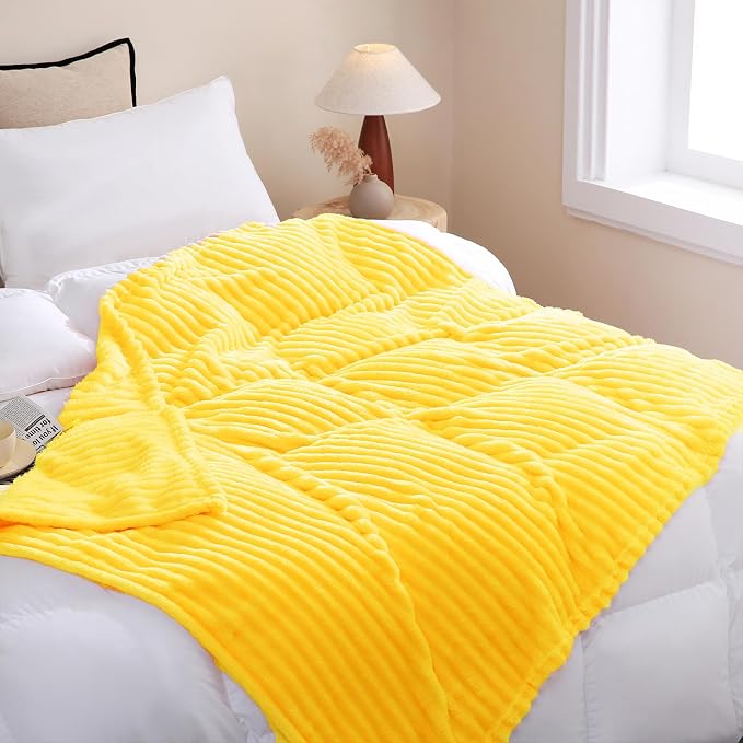 Bright Yellow Fleece Throw Blanket 50”×60” for Couch Sofa Livingroom | Super Soft Cozy Plush Microfiber Flannel Bed Blanket Striped Design Lightweight Home Decor Gifts for Adults Mom Women