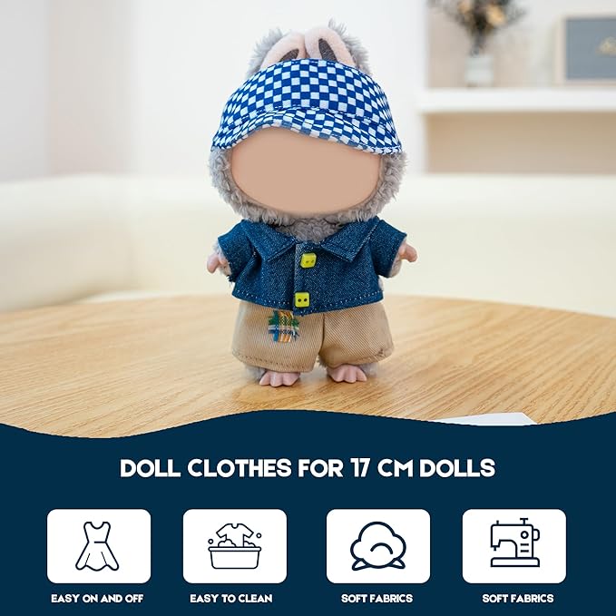 Clothes for Labubu Doll,6.7 Inch Doll Clothing Set - 3 Pieces of Handmade Clothes and Accessories for 17cm Plush Toys - Blue Shirt + Khaki Shorts + Blue and White Checkered Baseball Cap