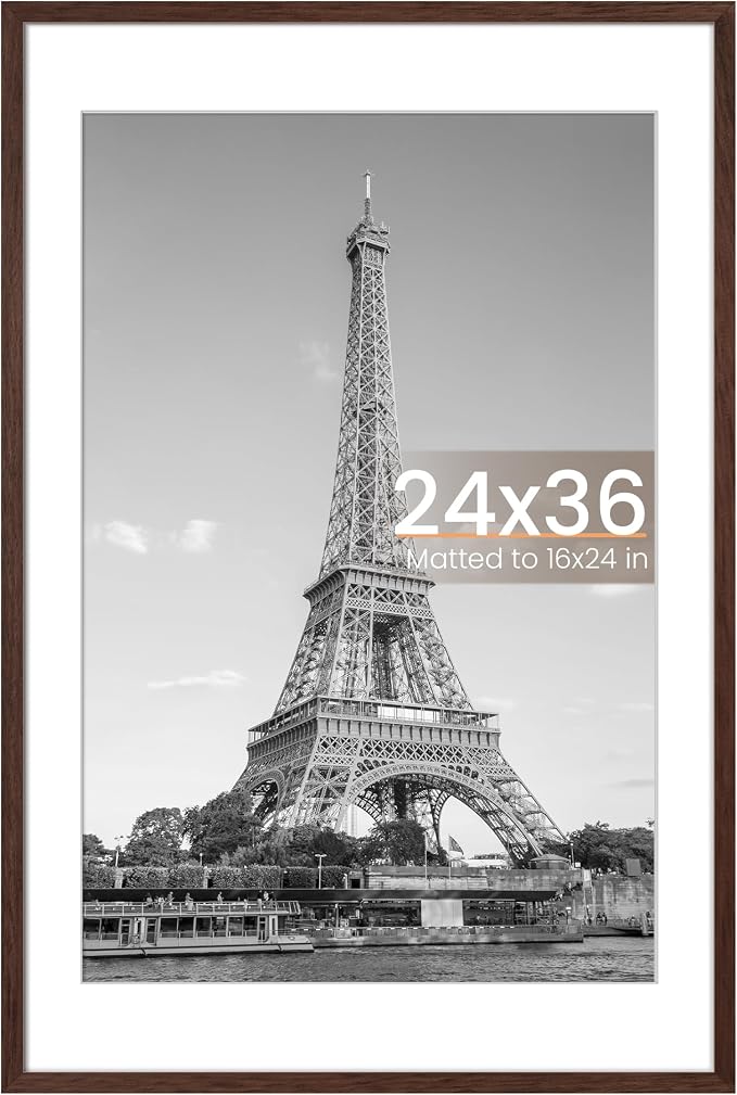 upsimples 24x36 Poster Frame, Display Pictures 20x30 with Mat or 24 x 36 Without, Wall Hanging Picture Frames, Brown, 1 Pack